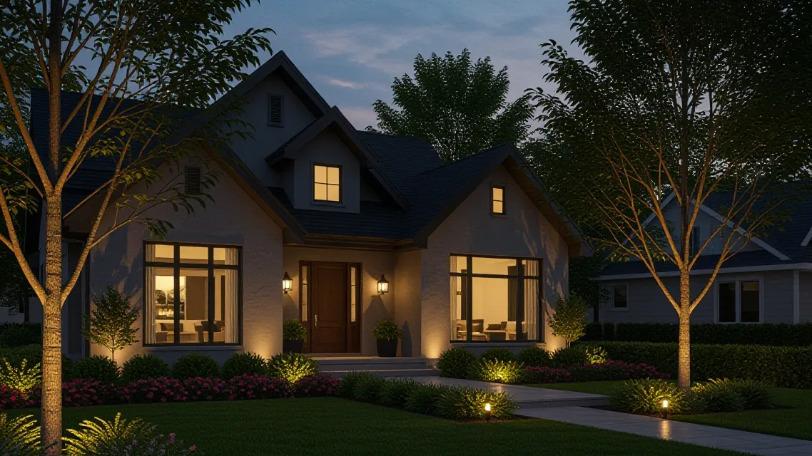 A two-story house at night with uplit trees, lit planting beds and a walk lined with path lights