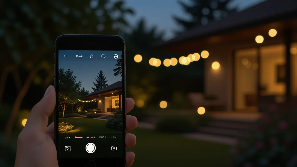 A phone held up in a backyard at dusk, with string lights and a lit house behind it