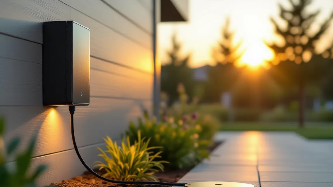 A low-voltage lighting transformer on house siding, its cable running down into a planting bed